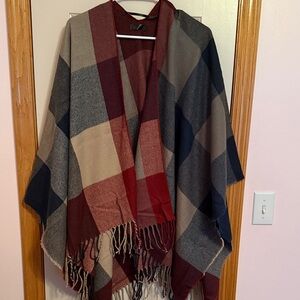 Plaid Shawl in Red, Blue, and Cream